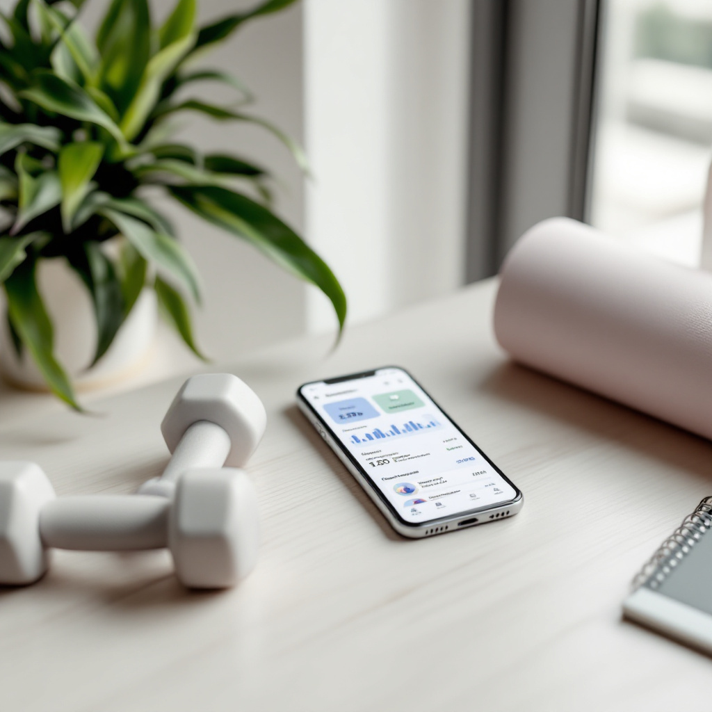 Beste Gesundheits App Präventionskurs auf Smartphone mit Yogamatte und Trainingszubehör