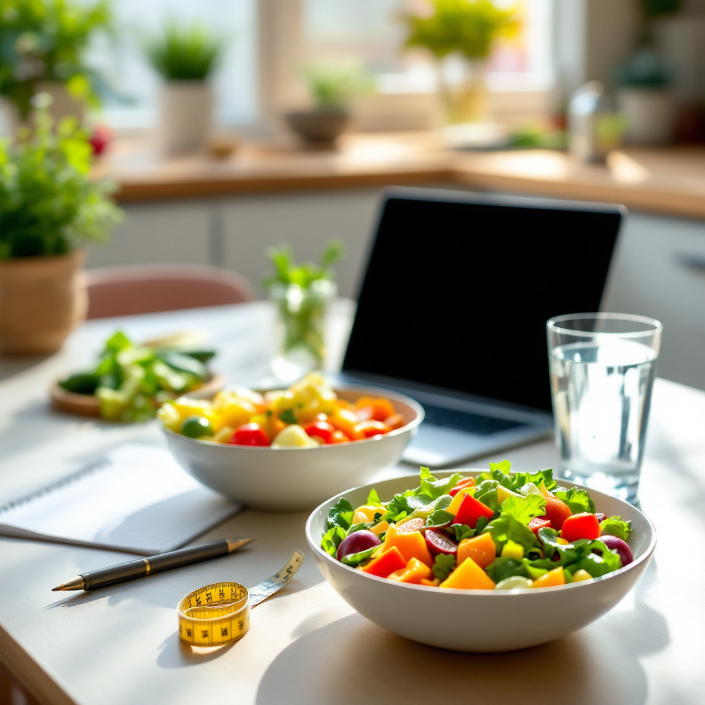 Ernährungskurs Abnehmen Erfahrungen: gesunde Lebensmittel und Ernährungsplan auf einem Küchentisch
