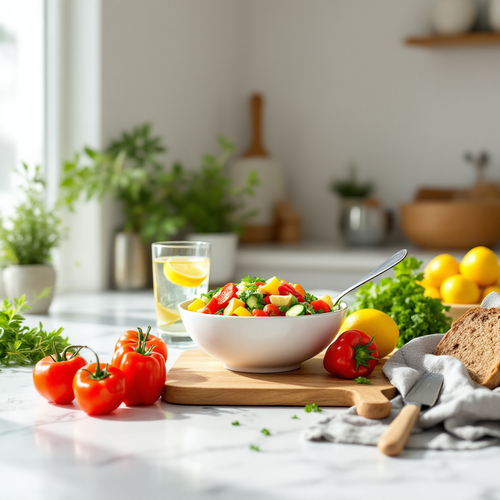Frische Zutaten für gesund abnehmen ohne Diät Plan auf einer hellen Küchenablage