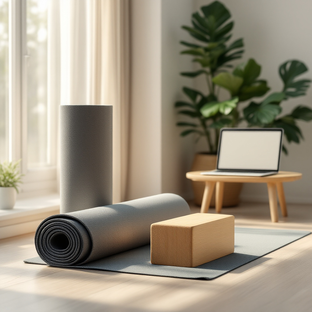 Online Yoga Kurs Test Vergleich: Yogamatte, Laptop und Zubehör für Kurse zuhause