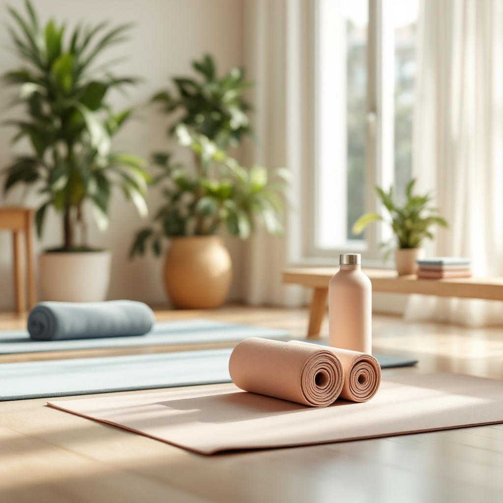 Heller Kursraum für einen rückenschule kurs für anfänger mit Yogamatten und Trainingsutensilien